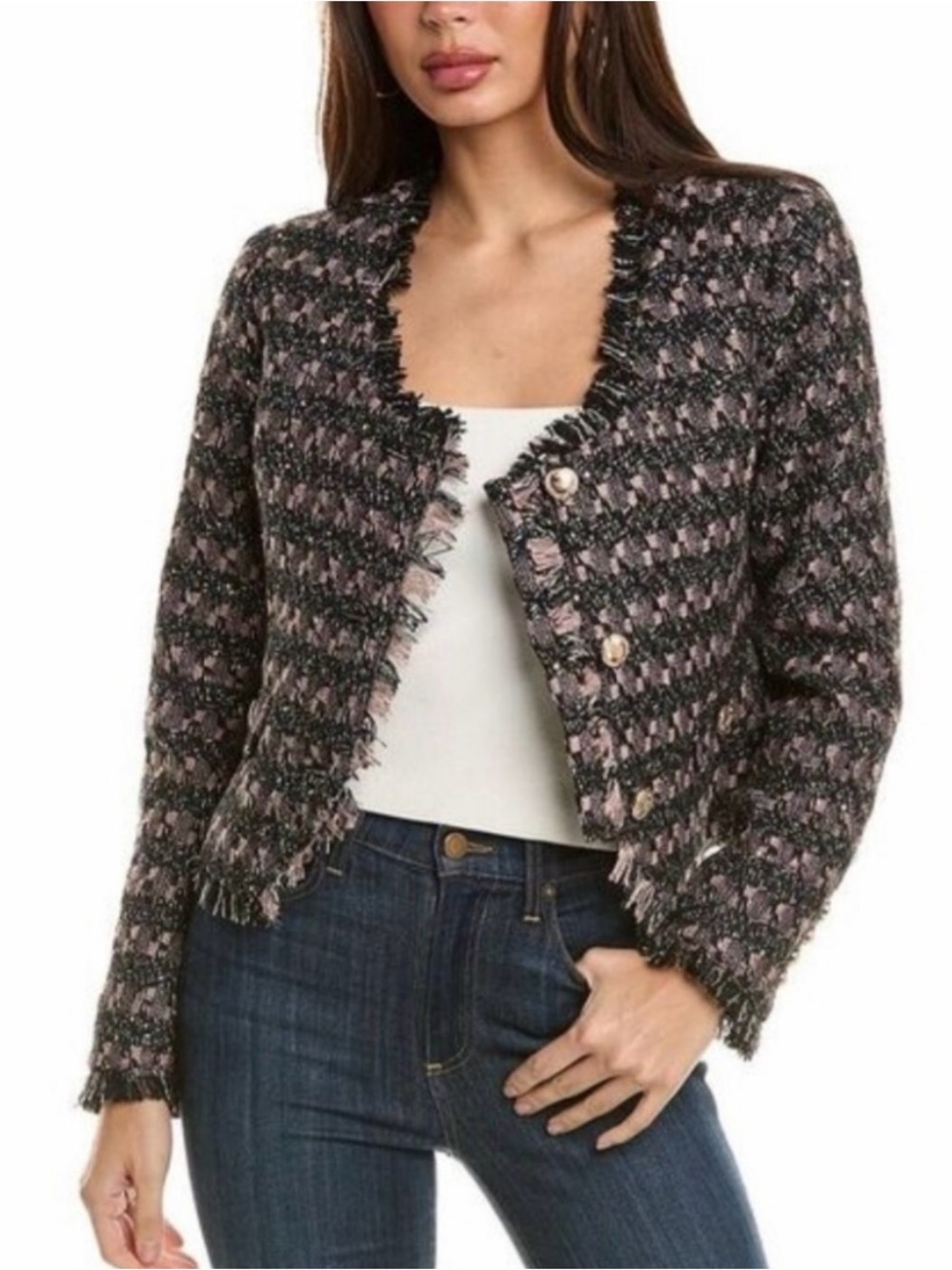 Walter Baker Pink and Black Tweed Cropped Fringe Blazer
